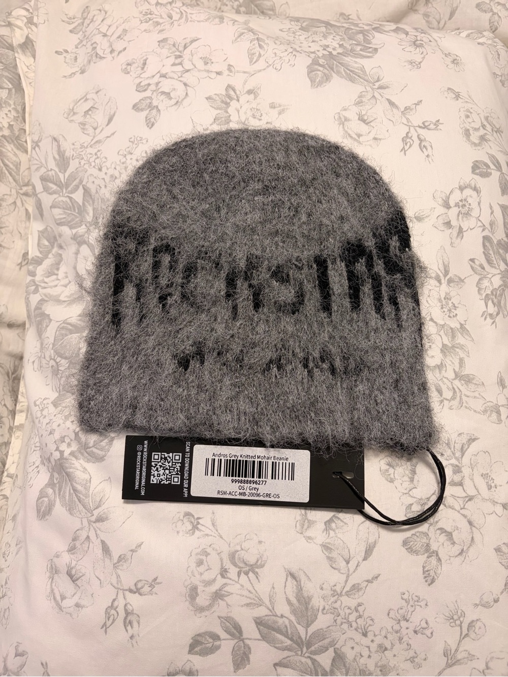 Grey Mohair Knit Beanie with Subtle Black Accent